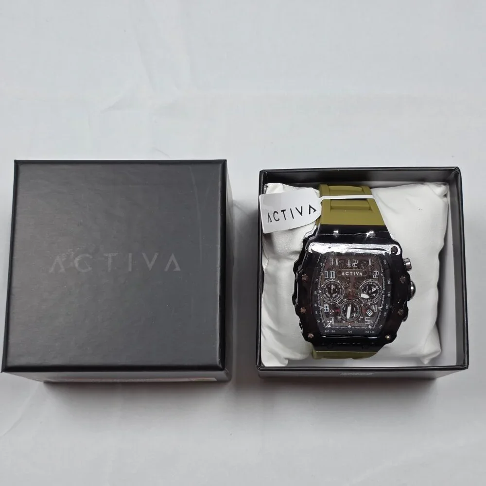 ACTIVA Chronograph Style Watch Olive Green Silicone Strap‎ Skeleton Dial New Box